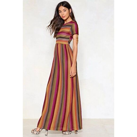 NWOT Nasty Gal Crochet Fuchsia Pink Tan Stripe Short Sleeve Maxi Dress - Picture 11 of 11